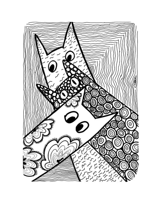A black and white zentangle-style illustration of a stylized animal figure containing intricate patterns including swirls, dots, and wood-grain textures.