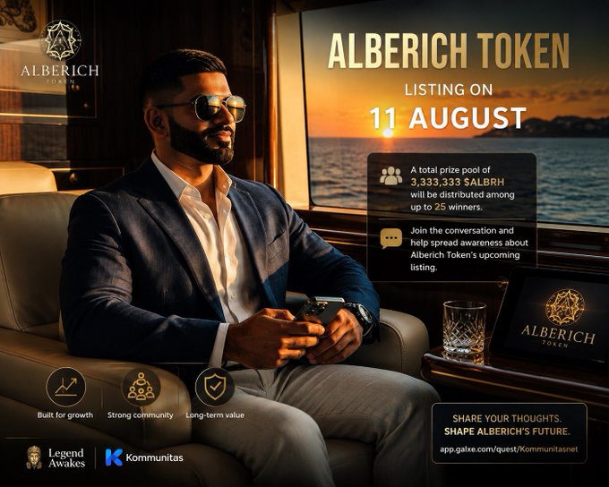 A promotional advertisement for 'ALBERICH TOKEN' listing on 11 August, featuring a man in a suit and sunglasses in a luxury setting, with a 3,333,333 $ALBRH prize pool to be distributed among 25 winners.