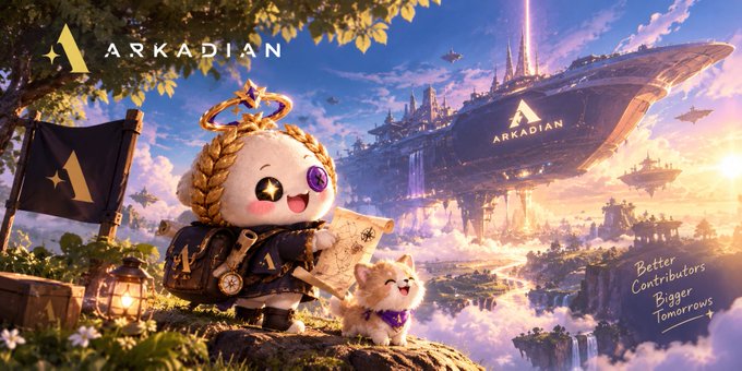 An elaborate fantasy artwork for 'ARKADIAN' featuring a cute golden character with a crown alongside a small white creature, set against a backdrop of floating futuristic cities and airships with the tagline 'Better Contributors, Bigger Tomorrows.'