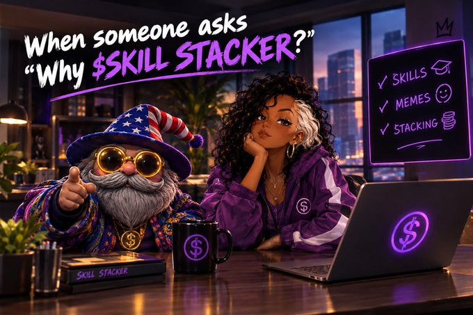 A stylized digital illustration with text 'When someone asks "Why $SKILL STACKER?"' featuring a cartoon wizard with American flag hat and dollar sign medallion alongside a woman with purple hair, next to a checklist of 'SKILLS, MEMES, STACKING'.