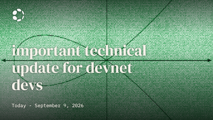The image shows a green-toned background featuring a mathematical parabola and graph lines, with a Polkadot logo in the top-left corner. The text reads "important technical update for devnet devs" with the date "Today - September 9, 2026," corresponding to the announcement about a major Polkadot devnet update.