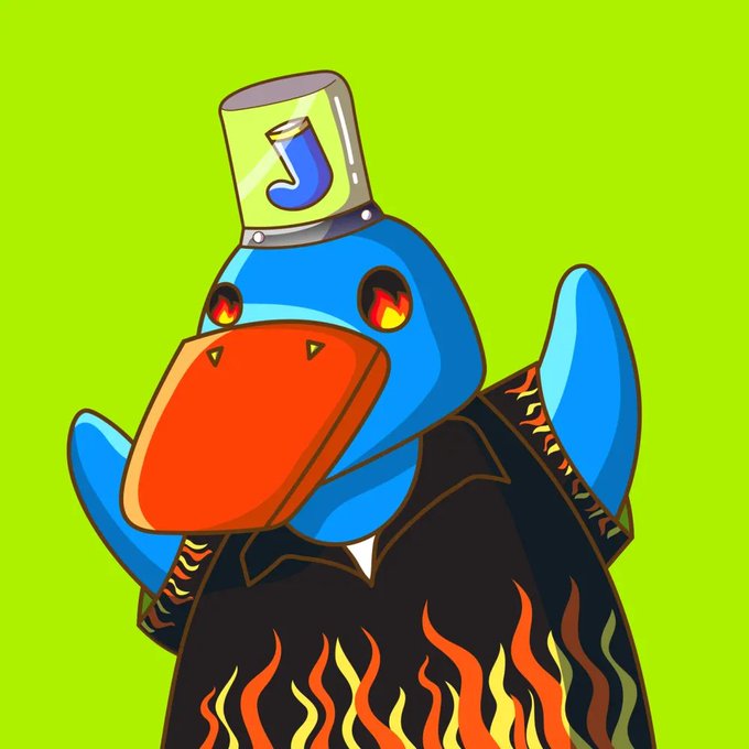 An illustration of a blue bird-like character with fiery red eyes, wearing a black suit jacket, surrounded by flames, with a jar containing the letter 'J' on its head.