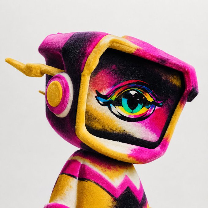 A vibrant, spray-painted designer toy figure with a stylized, rainbow-colored eye and pink, yellow, and black geometric patterns gazes outward. The artwork's bold street-art aesthetic perfectly matches the upbeat "GM NFTs Enjoyooors" greeting, bringing a fun, colorful energy to the morning post.