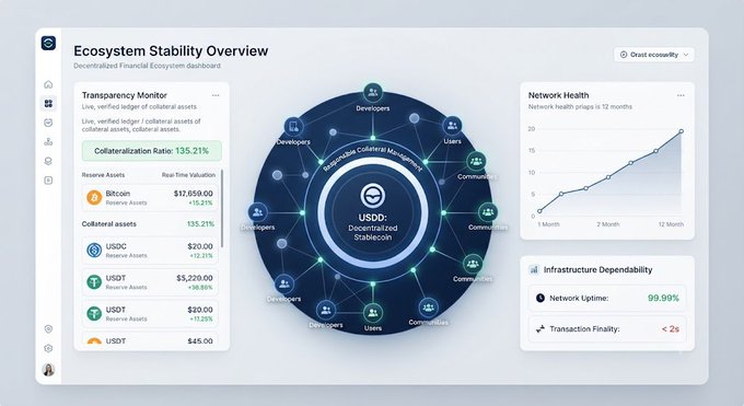 Ecosystem Stability Overview dashboard for USDD Decentralized Stablecoin showing a 135.21% collateralization ratio, network health, and infrastructure dependability metrics.