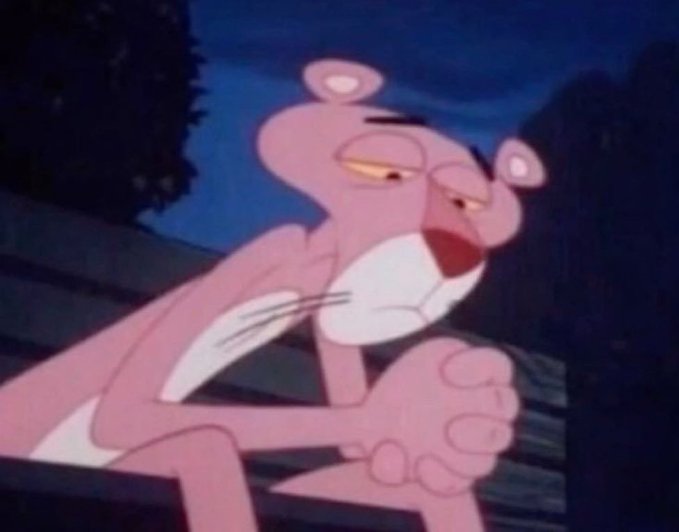 The Pink Panther cartoon character leaning on a wooden fence with a skeptical, side-eyed expression.