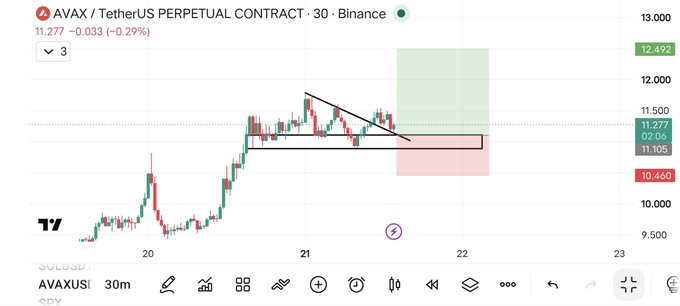 A TradingView candlestick chart for the AVAX/USDT perpetual contract on Binance, showing the price at 11.277 with a -0.29% change and technical analysis markings.