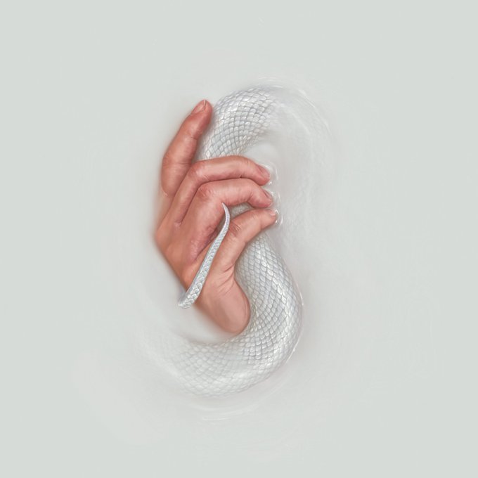 The image features a hyperrealistic illustration of a hand intertwined with a white snake, embodying the theme "The Silence edition." It complements the post's mention of a 0.2 Ξ (Ethereum) offer being placed on this artwork.