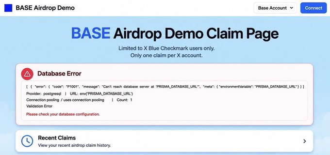 A 'BASE Airdrop Demo Claim Page' screenshot showing a Database Error ('Can't reach database server at PRISMA_DATABASE_URL') for X Blue Checkmark users.