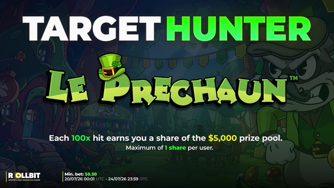 A promotional graphic for a 'TARGET HUNTER - Le Prechaun' casino game by Rollbit, featuring a cartoon leprechaun character and details about a $5,000 prize pool promotion running from 20/07/26 to 24/07/26.