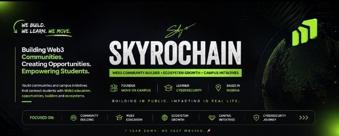 Promotional banner for 'SKYROCHAIN' featuring the slogans 'We Build. We Learn. We Move.', 'Building Web3 Communities. Creating Opportunities. Empowering Students,' and focusing on Community Building, Web3 Education, Ecosystem Growth, Campus Initiatives, and Cybersecurity Journey, with a note that it is 'Building in Public, Impacting in Real Life.'