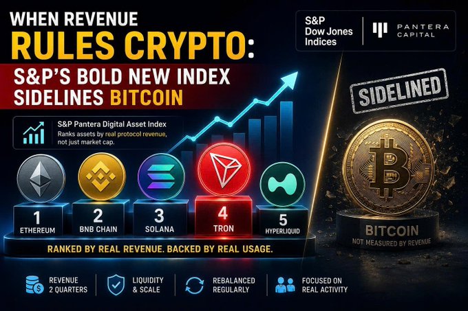 An infographic titled 'WHEN REVENUE RULES CRYPTO: S&P'S BOLD NEW INDEX SIDELINES BITCOIN' ranks cryptocurrencies by real protocol revenue: Ethereum (#1), BNB Chain (#2), Solana (#3), TRON (#4), and Hyperliquid (#5), while Bitcoin is marked as 'SIDELINED' because it is not measured by revenue.