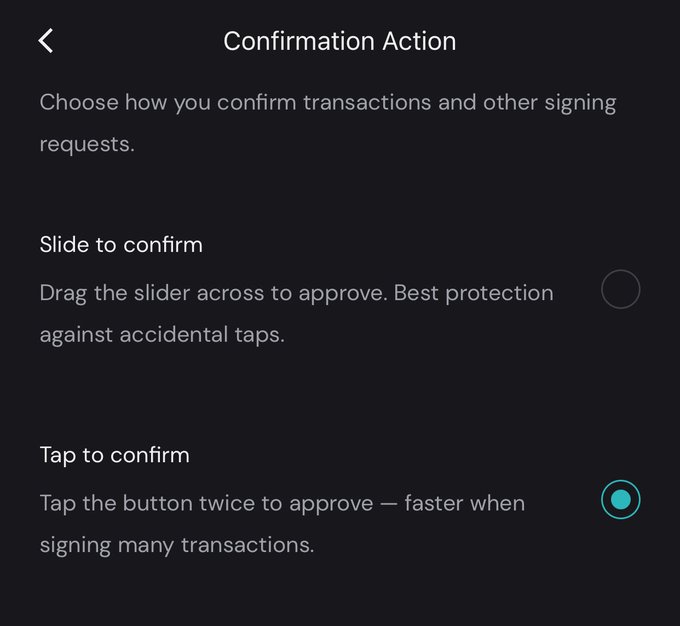 A screenshot of a "Confirmation Action" settings menu with options for "Slide to confirm" and "Tap to confirm", with the latter selected.