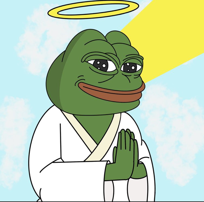 A Pepe-style frog angel with a halo and heavenly robe presses its hands together in prayer against a sunny, cloud-filled sky. The image evokes a heavenly blessing being bestowed on the prediction market platform Kalshi (kalshi.com/p/ultra) and perpetual futures ("perps") referenced in the post.