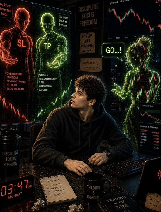 A young man at a trading setup surrounded by motivational posters about discipline and trading, with text like 'DISCIPLINE FOCUS FREEDOM', 'LOSERS QUIT WINNERS WORK', 'TRADING IS FREEDOM', and 'GO...' from holographic figures.