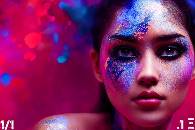 A close-up portrait of a woman with vibrant, artistic makeup splashed in blue, pink, and purple hues that complement the colorful bokeh background, matching the "Vibrant Orchid" NFT title listed on Transient Labs. Visible text "V/" and "1" appear in the corners, tying into the Transient Labs marketplace branding.