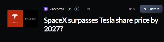A social media post asking 'SpaceX surpasses Tesla share price by 2027?' alongside Tesla and SpaceX logos.