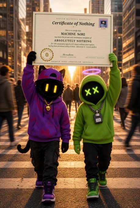 Two stylized characters in purple and green hoodies with glowing masks standing in a city street at sunset, holding a large 'Certificate of Nothing'.