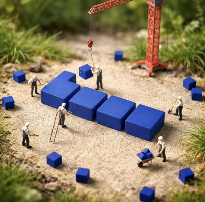 A miniature diorama depicting construction workers in hard hats assembling large blue building blocks spelling 'LINK' on a sandy surface, with a red crane lifting one block and workers using ladders, wheelbarrows, and tools.