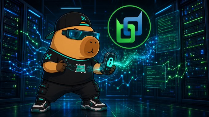 A cartoon illustration of a capybara hacker character wearing a black cap and futuristic glasses, holding a glowing device in a server room with a green cryptocurrency-style logo floating in the background.