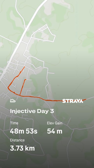 A STRAVA route map labeled “Injective Day 3” shows 48m 53s, 54 m elevation gain, and a distance of 3.73 km.