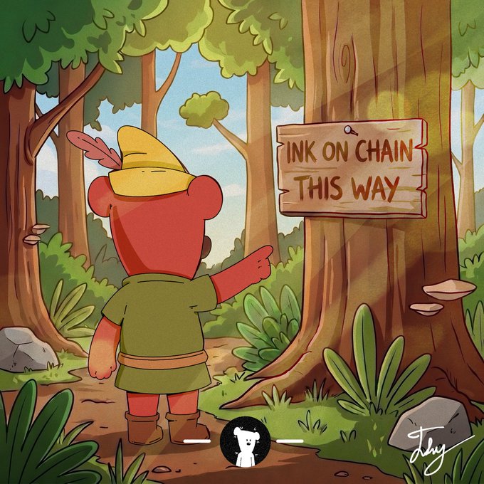 Cartoon illustration of a red bear-like character in a green tunic and yellow feathered hat pointing at a wooden sign that reads 'INK ON CHAIN THIS WAY' in a forest setting.