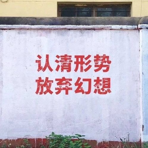 The image shows a weathered white wall with bold red Chinese characters that read "认清形势 放弃幻想" (translated as "Recognize the situation, give up your illusions"). 

This pairs with the post's sobering message about the crypto market, where the poster warns against both holding Alpha and expecting launchpads/CEXs to support uncontrollable assets, suggesting the "community tokens" narrative is just another illusion to abandon.