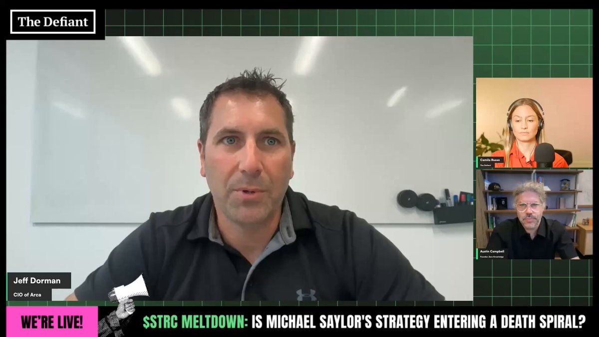 A video call screenshot from The Defiant featuring Jeff Dorman (CIO of Arca) in the main panel, with Camila Russo and Austin Campbell visible in smaller side panels. The bottom banner reads "WE'RE LIVE! $STRC MELTDOWN: IS MICHAEL SAYLOR'S STRATEGY ENTERING A DEATH SPIRAL?" tying into the post's discussion about Strategy's preferred stock facing record lows and the impossible task of balancing debt holders, preferred holders, equity holders, and Bitcoin acquisitions simultaneously.