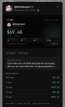 Twitter/X post from @Kemphuyen showing a YAP prediction where $YAP ranked 138 out of 450 with a score of $69.48, including recent payout history with amounts like +$7.65 and +$29.11.
