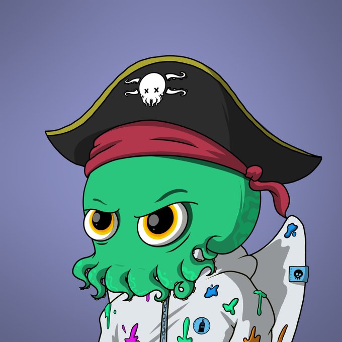 A digital illustration of a green octopus-headed character wearing a black pirate hat with a skull and crossbones and a red bandana, dressed in a paint-splattered white outfit.