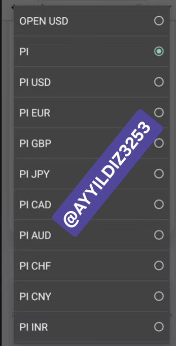 The image shows a mobile app interface for "Open USD" (OpenPi) displaying a currency selection menu with various Pi-Fiat currency pairs including PI, PI USD, PI EUR, PI GBP, PI JPY, PI CAD, PI AUD, PI CHF, PI CNY, and PI INR, with PI currently selected. A watermark "@AYYILDIZ3253" is overlaid diagonally in blue. The image illustrates the post's claim about OpenPi designing Pi-Fiat currency pairs as part of building an on-chain global economy for Pi Network.