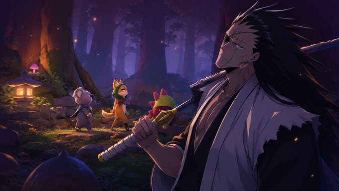 The image features a man dressed in traditional Japanese clothing, holding a sword and walking through a forest at night with two other people following behind him. The scene takes place in an anime-style setting that includes trees and a mushroom house. The post also mentions GM GM adoption but does not provide any specific details about the characters or their roles within the story.