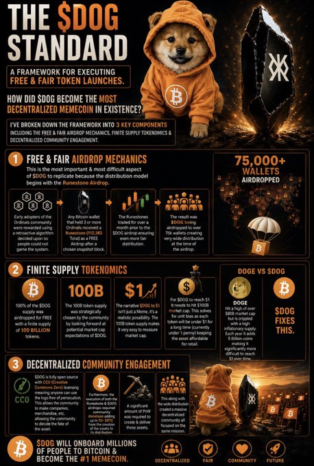 An infographic titled 'THE $DOG STANDARD' explains a framework for token launches, featuring a Shiba Inu dog in a hoodie and Bitcoin imagery, with sections on airdrop mechanics, tokenomics, and community engagement.