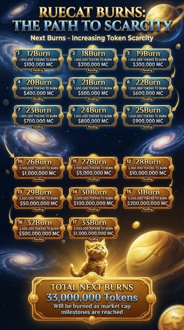 An infographic titled 'RUECAT BURNS: THE PATH TO SCARCITY' displays a grid of 17 numbered burns, each requiring 1,000,000,000 RueCat tokens and specifying amounts to burn from $100M to $1.9B in market cap milestones.