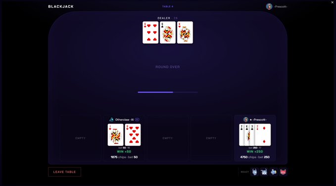 A digital blackjack game interface showing the dealer's hand (King of Hearts, 5 of Diamonds, 5 of Clubs) and two player hands: 'Otherdrst' winning 1675 chips with bet 50, and 'Prescoth' winning 4760 chips with bet 250. The round is over and there is a 'Leave Table' button.