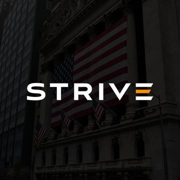 The image shows a darkened view of the New York Stock Exchange facade featuring the American flag, with the bold "STRIVE" logo overlaid in white. This branding ties into the accompanying post highlighting Strive's $ASST subsidiary's Bitcoin accumulation of 6,236 BTC in Q2 plus additional purchases, even amid a $257.6 million net loss largely driven by fair value declines in its bitcoin and STRC holdings.
