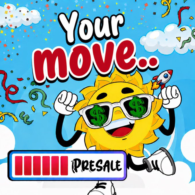 The image features a cartoon sun character wearing dollar-sign sunglasses and holding a rocket, with "Your move.." text above and a "PRESALE" progress bar below, promoting an urgent early-entry opportunity for the $summer token. The post explicitly mentions a $0.7 presale entry price closing soon, aligning with the image's call-to-action urging viewers to act quickly before the cheap entry disappears.