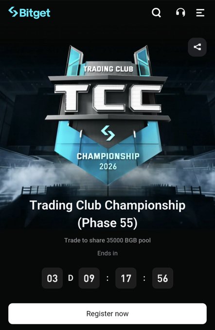 Bitget's Trading Club Championship (Phase 55) promo banner advertising a 35,000 BGB prize pool, with countdown showing 3 days, 9 hours, 17 minutes, and 56 seconds remaining, and a "Register now" button. The image aligns with the post's mention of evaluating whether the exchange's trading competition rules are fair before joining, specifically highlighting the Bitget Trading Club Championship Phase 55 event.