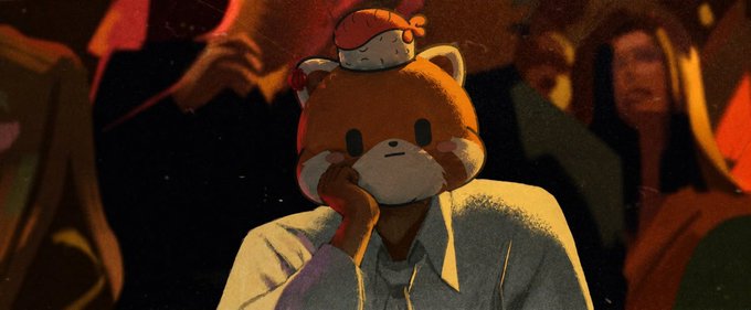 An illustration of a person wearing an orange bear mask/costume head with a small Santa hat, standing in a crowd with blurred figures in the background.