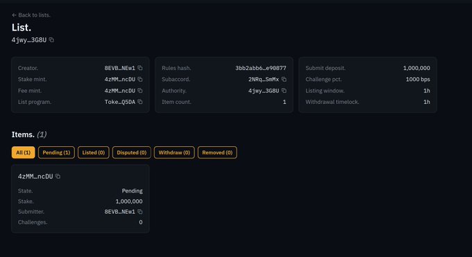 Cryptocurrency listing interface showing a token called '4Jwy...368U' created by '8EVB...NEaY,' with a submit deposit of 1,000,000 and a current pending stake of 1,000,000.