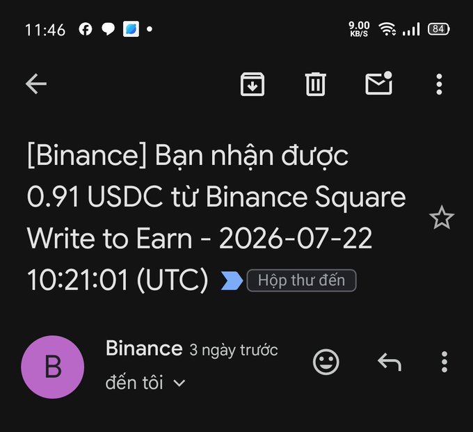 A screenshot of an email notification from Binance stating the user received 0.91 USDC from Binance Square Write to Earn on 2026-07-22.