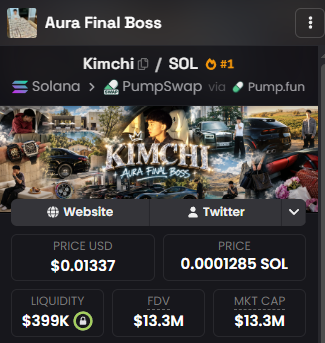 A crypto token page titled “Kimchi” lists “Solana > PumpSwap via Pump.fun,” with “PRICE USD $0.01337,” “PRICE 0.0001285 SOL,” “LIQUIDITY $399K,” “FDV $13.3M,” and “MKT CAP $13.3M.”