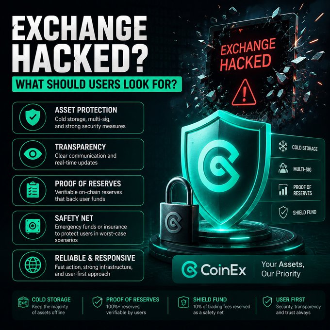 This CoinEx-branded infographic titled "EXCHANGE HACKED? WHAT SHOULD USERS LOOK FOR?" outlines five key security criteria—asset protection, transparency, proof of reserves, safety net, and reliability—alongside visuals of a glowing shield and a smartphone displaying "EXCHANGE HACKED," directly supporting the post's emphasis on evaluating an exchange's safeguards and transparency after a breach.