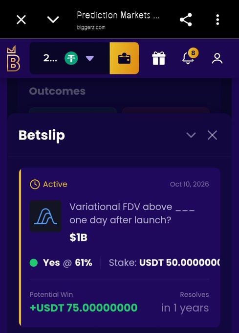 A screenshot of a prediction markets app (biggz.com) showing an active betslip wagering 50 USDT at 61% odds on whether 'Variational FDV' will be above $1B one day after launch.