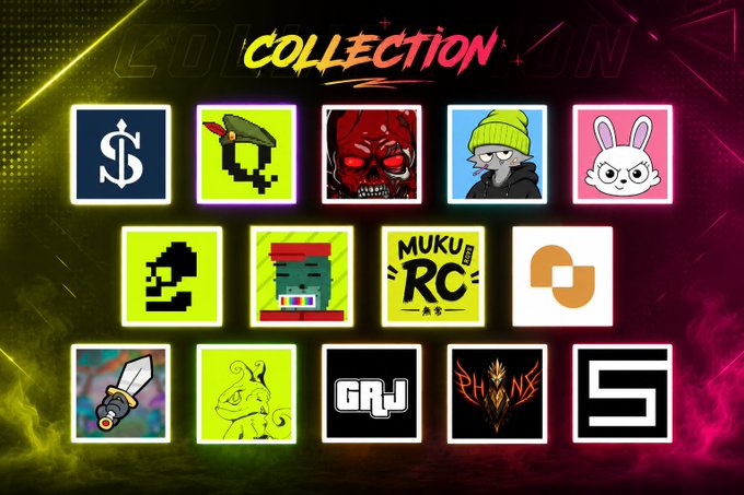 Promotional graphic for a 'COLLECTION' showcasing various crypto/NFT project logos including a dollar sign, pixel art characters, a red skull, a green hat character, a white bunny, Muku RC, GRJ, PHNX, and others against a neon pink and green background.