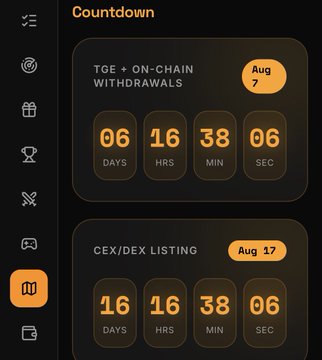 An orange-themed countdown timer app shows 6 days until TGE and On-Chain Withdrawals on August 7, and 16 days until a CEX/DEX Listing on August 17.