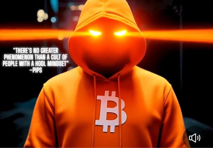 A digital artwork of a hooded figure with glowing orange eyes and a Bitcoin symbol on their chest, accompanied by the quote: "There's no greater phenomenon than a cult of people with a hool mindset" ~Pips.