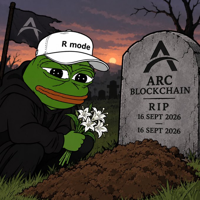 A sad Pepe the Frog wearing an "R mode" cap kneels beside a tombstone reading "ARC BLOCKCHAIN - RIP - 16 SEPT 2026," offering white lilies at a freshly dug grave beneath a sunset sky with a tattered ARC flag, mourning the death of the ARC blockchain.