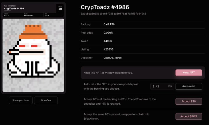 An NFT marketplace listing for 'CrypToadz #4986' showing a pixel art toad character with an orange crown, with backing of 0.42 ETH and buttons to 'Keep NFT', 'Auto-relist', 'Accept ETH', and 'Accept $WAT'.