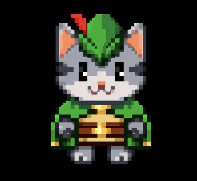A pixel art sprite of a gray and white cat character wearing green armor with a leaf on its head and a small red feather.