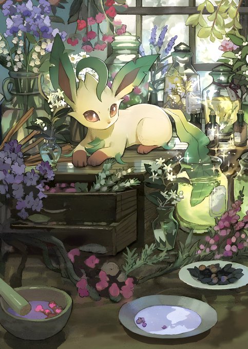 An illustration of a Leafeon Pokémon resting on a wooden surface in a lush, sunlit apothecary filled with jars, flowers, and pestles.